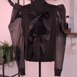 Edgy H by Halston Sheer Puff Sleeve Bow Cardigan in Black. Perfect for Corporate